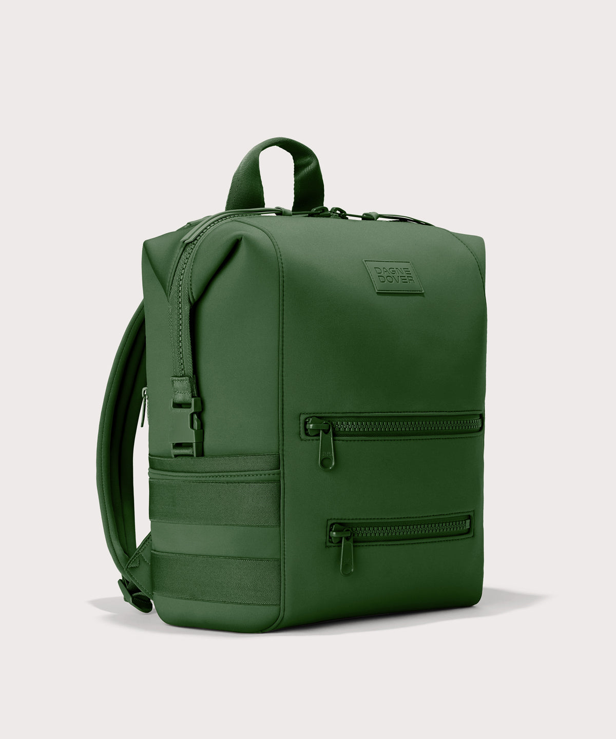 Dagne Dover Large Indi Diaper Backpack in a rich, classic forest green seen from an angle.
