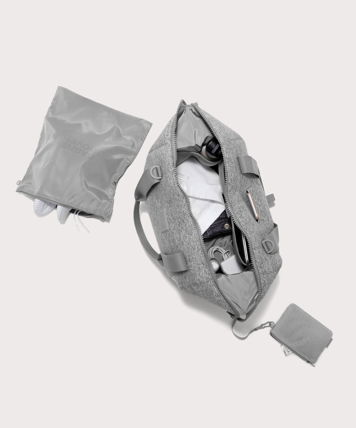 Large Landon Carryall in grey unzipped, top down view