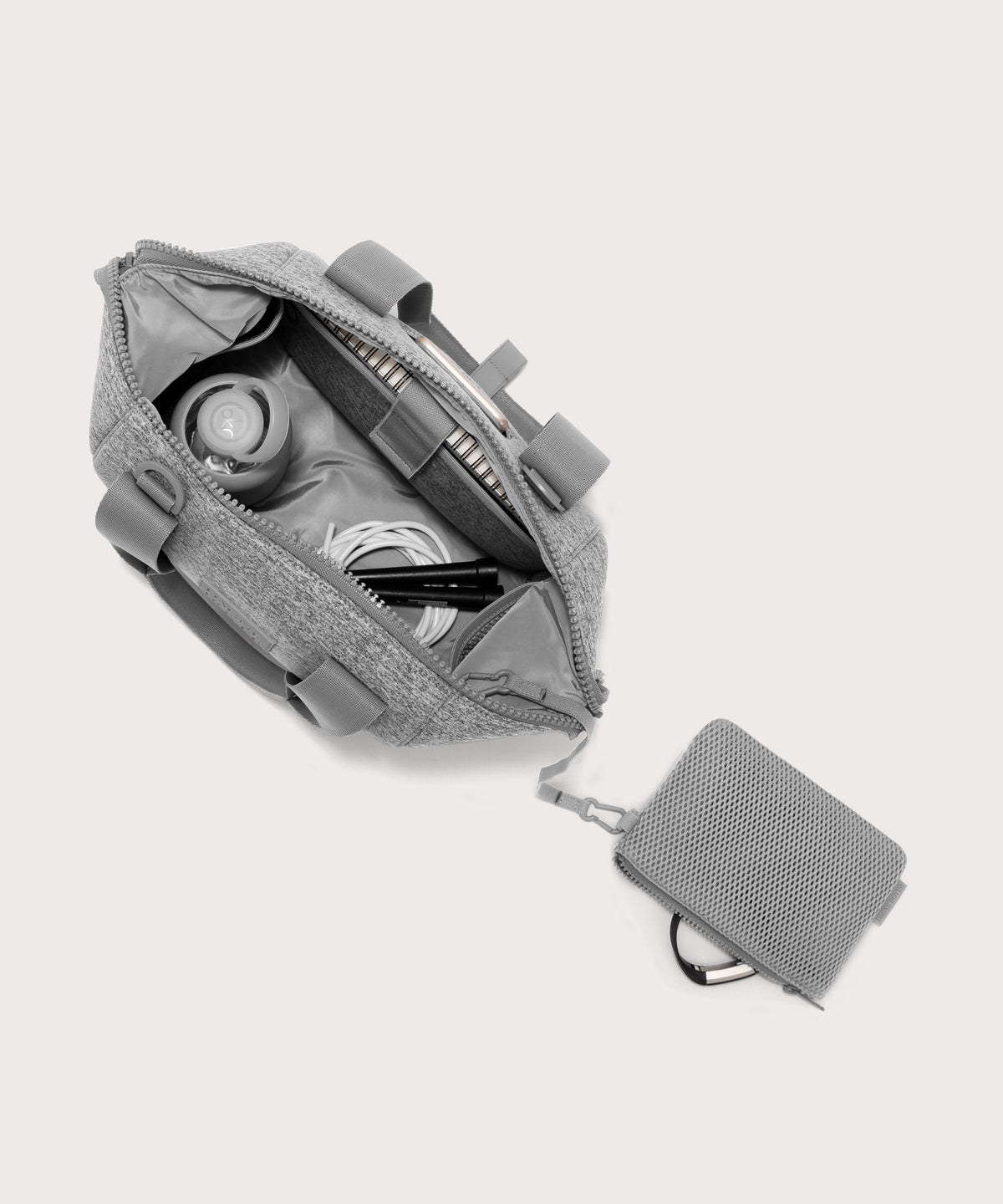 small Landon Carryall in grey unzipped, top down view