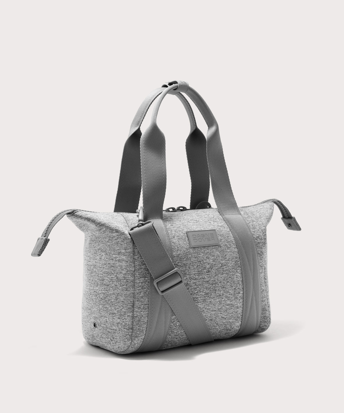 small Landon Carryall in grey with zippers unbuckled
