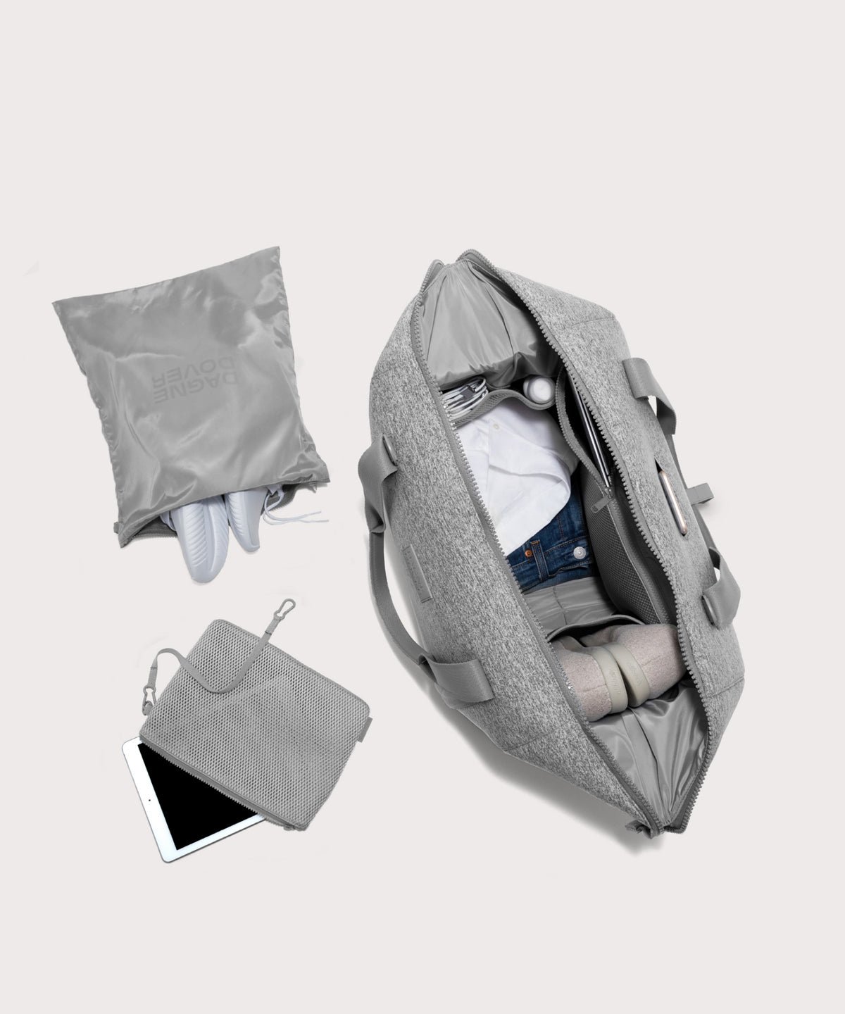 extra large Landon Carryall in grey unzipped, top down view