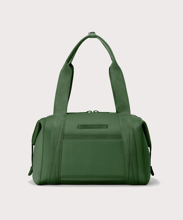 Large Landon Carryall in a rich, classic forest green displaying an exterior phone pocket
