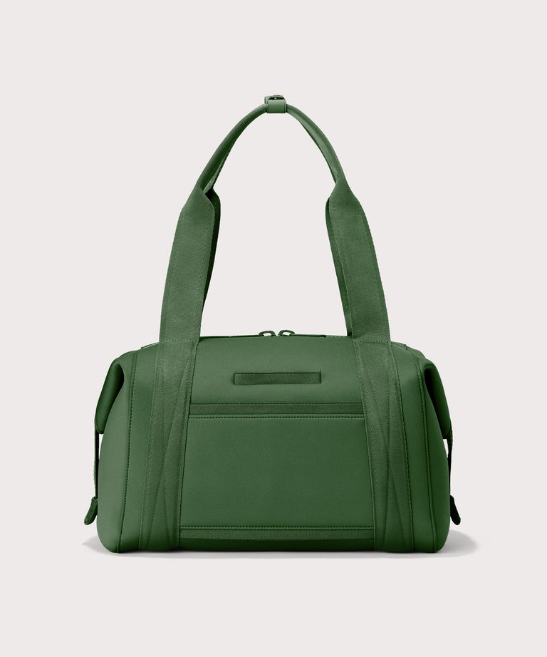 Large Landon Carryall in a rich, classic forest green displaying an exterior phone pocket
