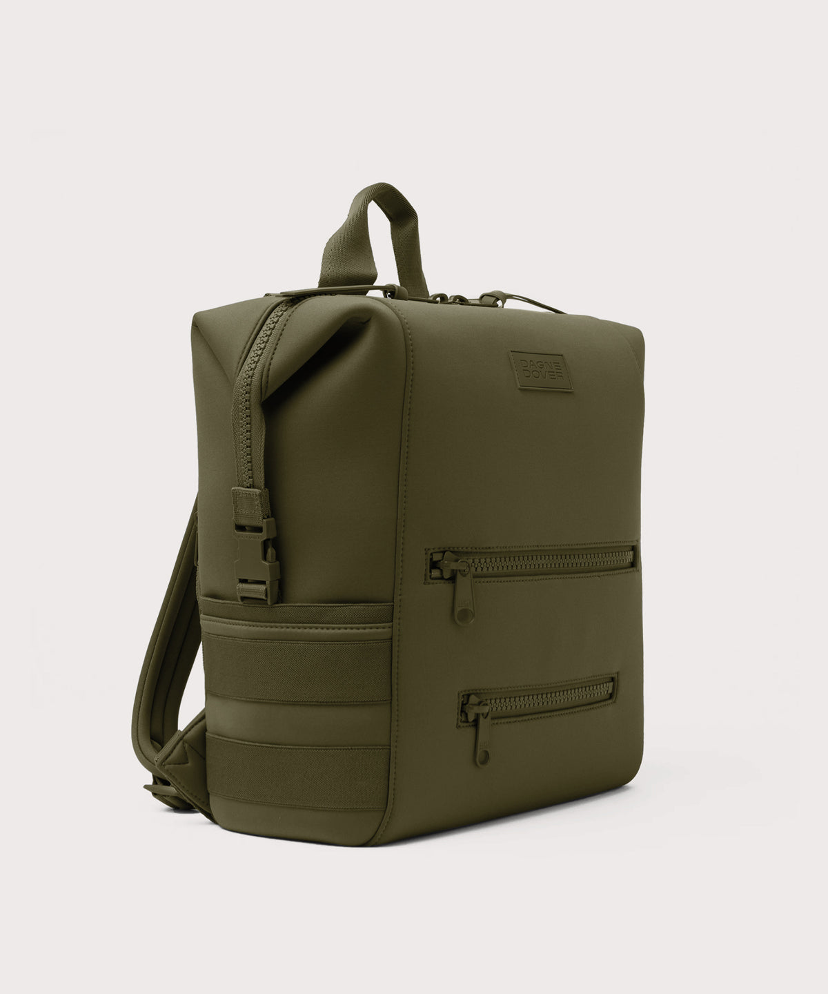 Dagne Dover Large Indi Diaper Backpack in dark moss seen from an angle.

