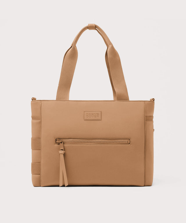 Dagne Dover large Wade Diaper Tote in camel brown with the shoulder strap removed.
