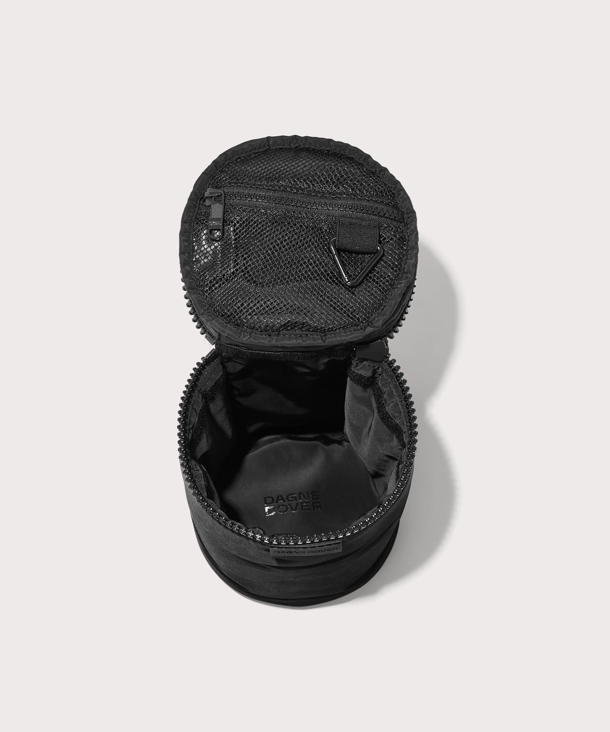 Dagne Dover large Mila Toiletry Pouch in black unzipped.