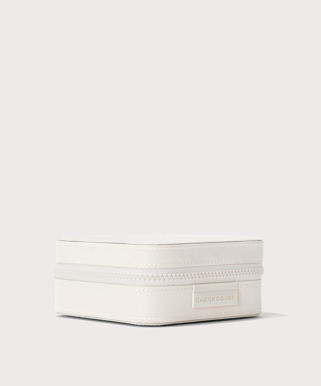 Dagne Dover Large Frankie Jewelry Case in white seen from the side.
