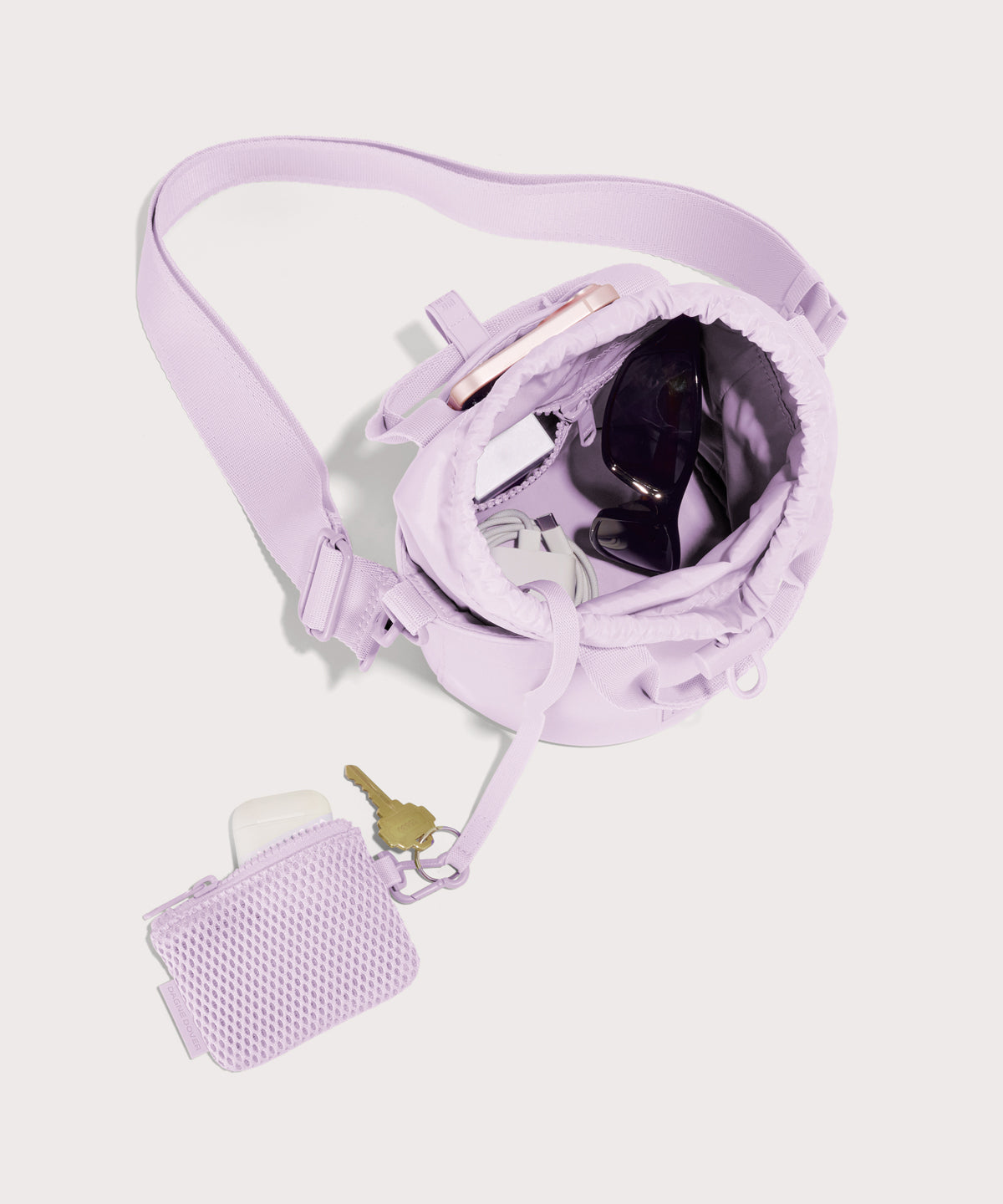 Dagne Dover Nico Bucket Bag in a soft purple with grey undertones, topdown.