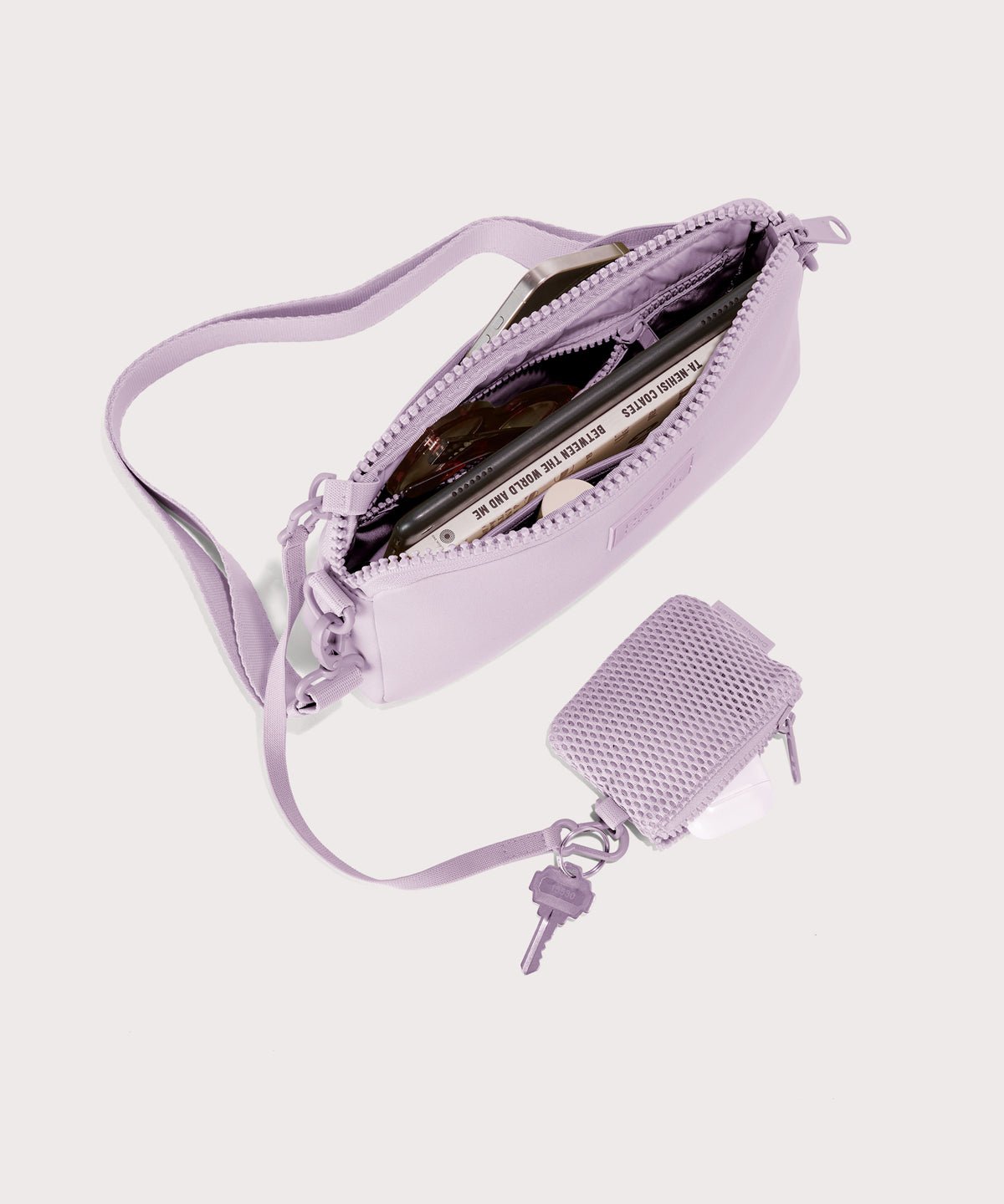 Dagne Dover Nora Shoulder Bag in  a soft purple with grey undertones, topdown.