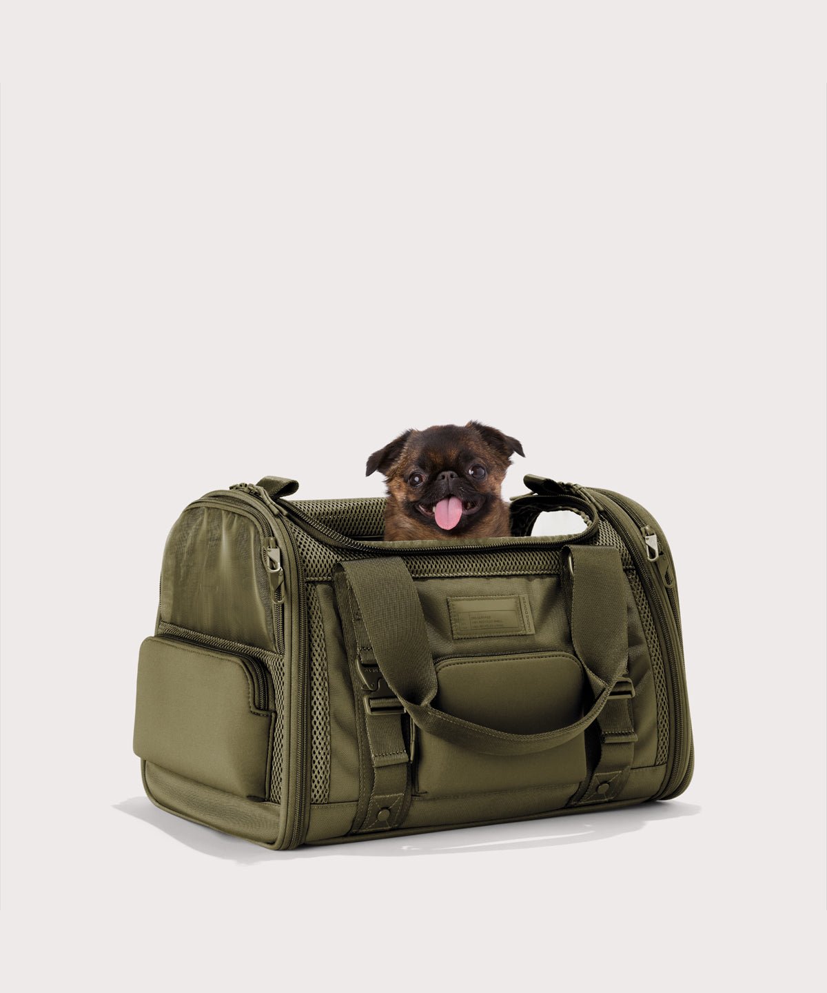 Dagne Dover Small Kyoto Pet Carrier in a deep olive green seen from an angle with a dog inside the carrier. Caption: Edna is a 5-lb Brussels Griffon. 
