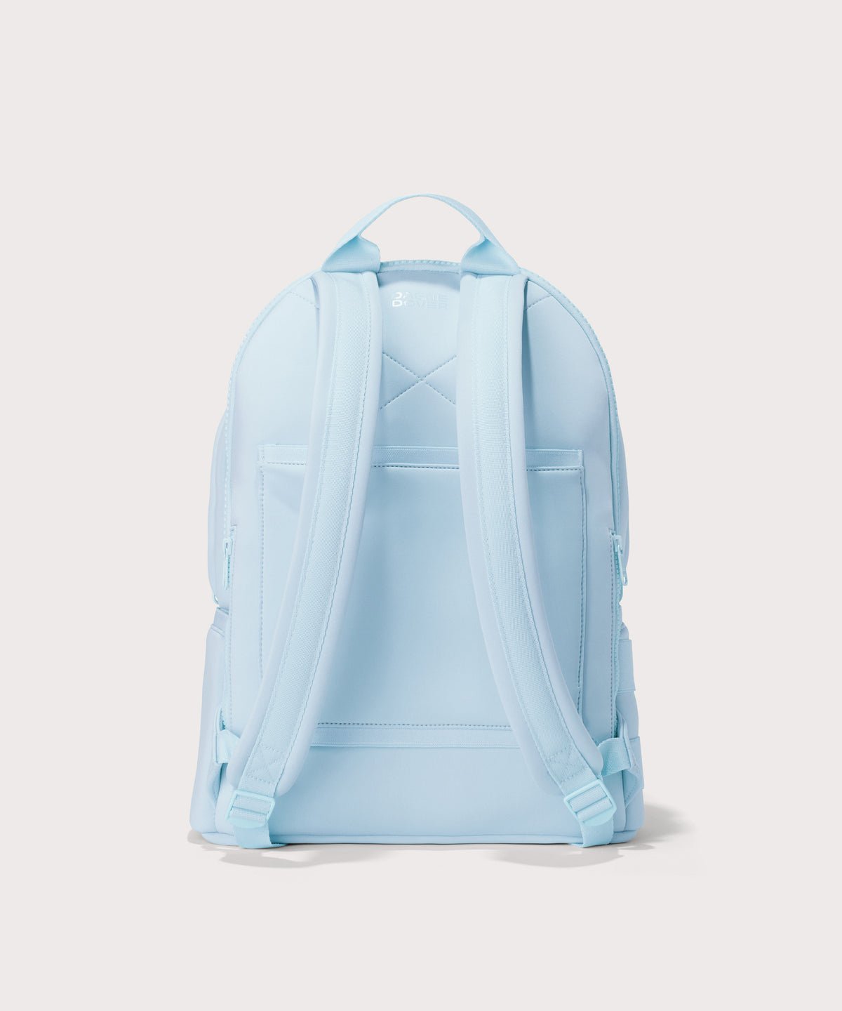 Dagne Dover large Dakota Neoprene Backpack in an airy, lighter sky blue seen from the back.
