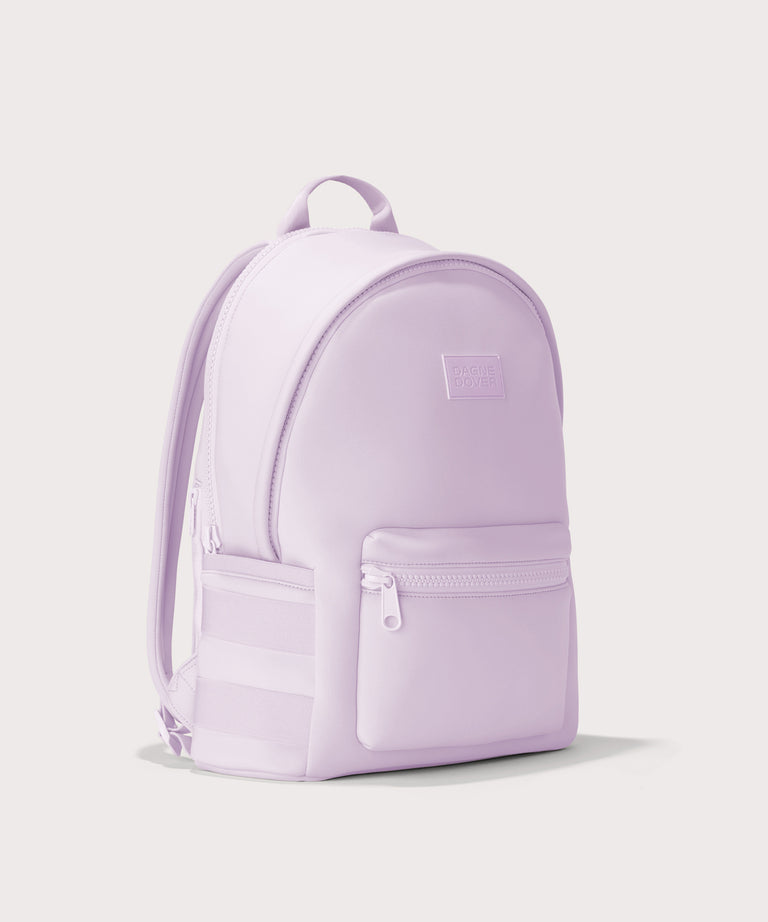 Dagne Dover large Dakota Neoprene Backpack in A soft purple with grey undertones seen from an angle.
