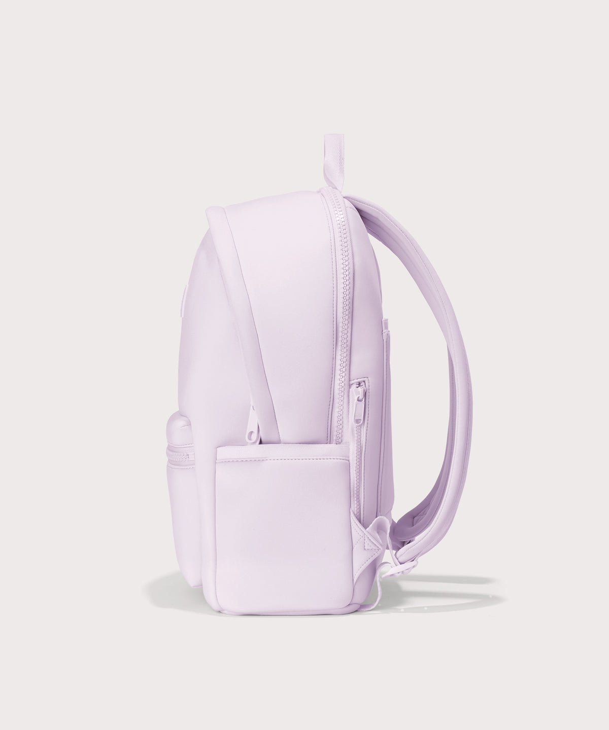 Dagne Dover large Dakota Neoprene Backpack in A soft purple with grey undertones seen from the side.
