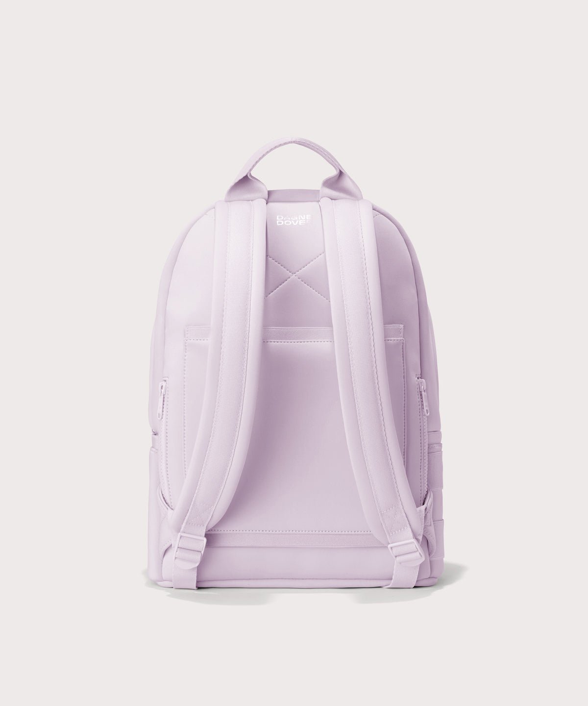 Dagne Dover medium Dakota Neoprene Backpack in a soft purple with grey undertones seen from the back.
