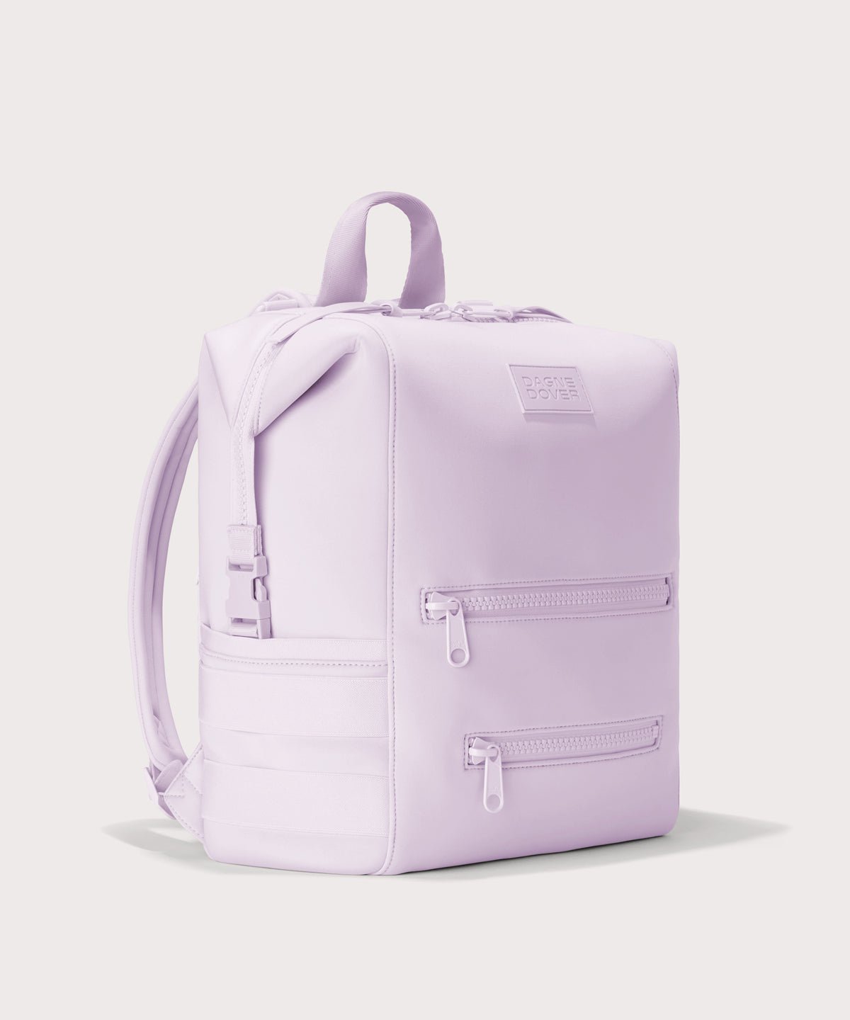 Dagne Dover Large Indi Diaper Backpack in a soft purple with grey undertones seen from an angle.
