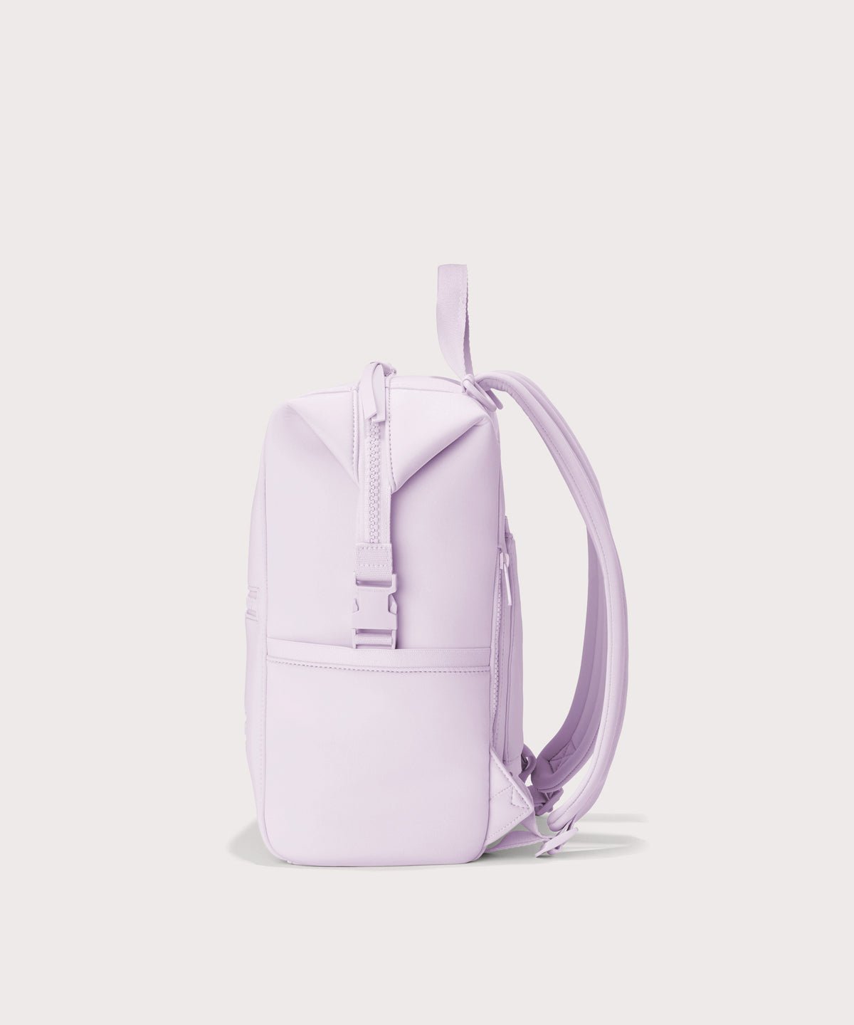 Dagne Dover Medium Indi Diaper Backpack in a soft purple with grey undertones seen from the side.
