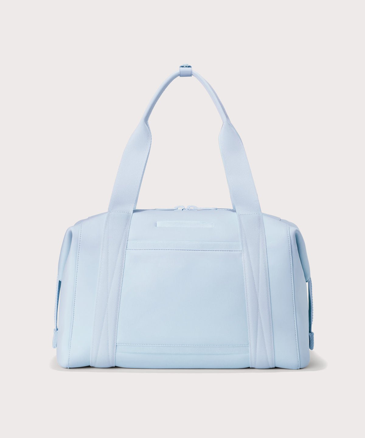 Large Landon Carryall in an airy, lighter sky blue, displaying an exterior phone pocket
