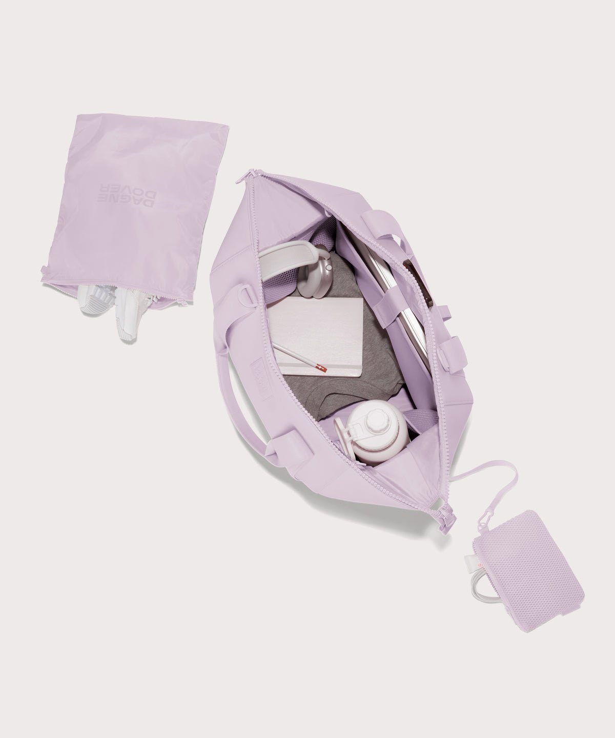 Large Landon Carryall in a soft purple with grey undertones unzipped, top down view