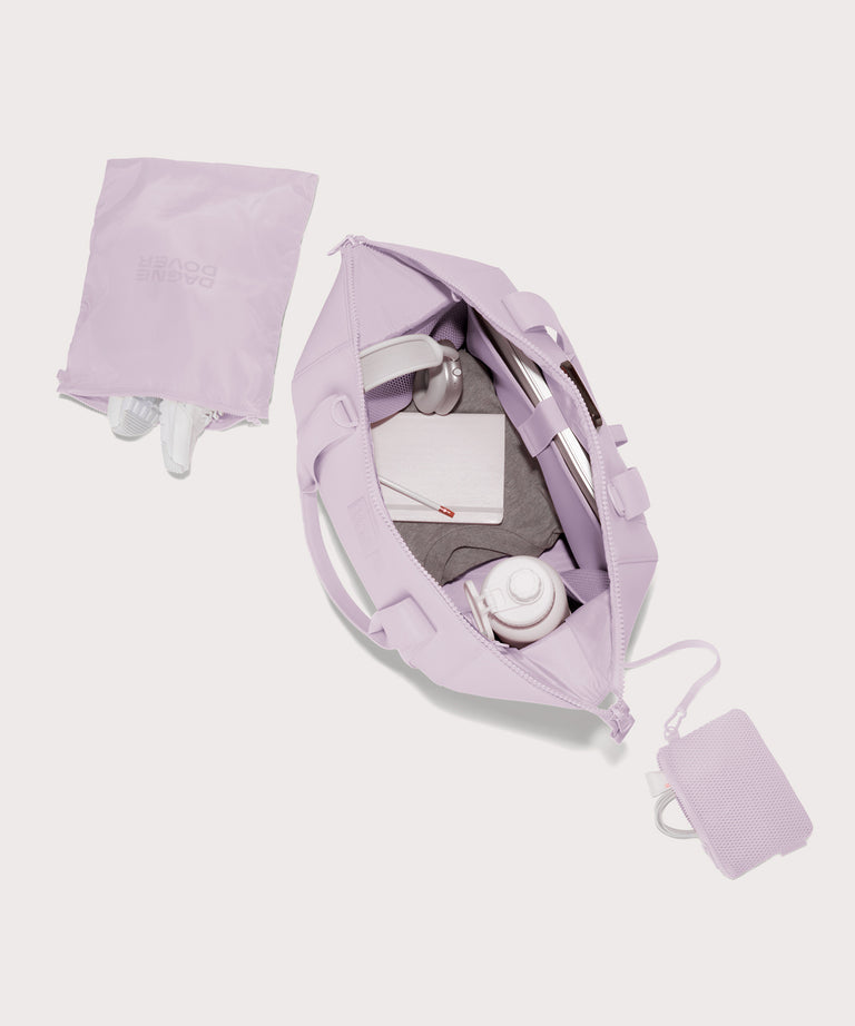 Large Landon Carryall in a soft purple with grey undertones unzipped, top down view