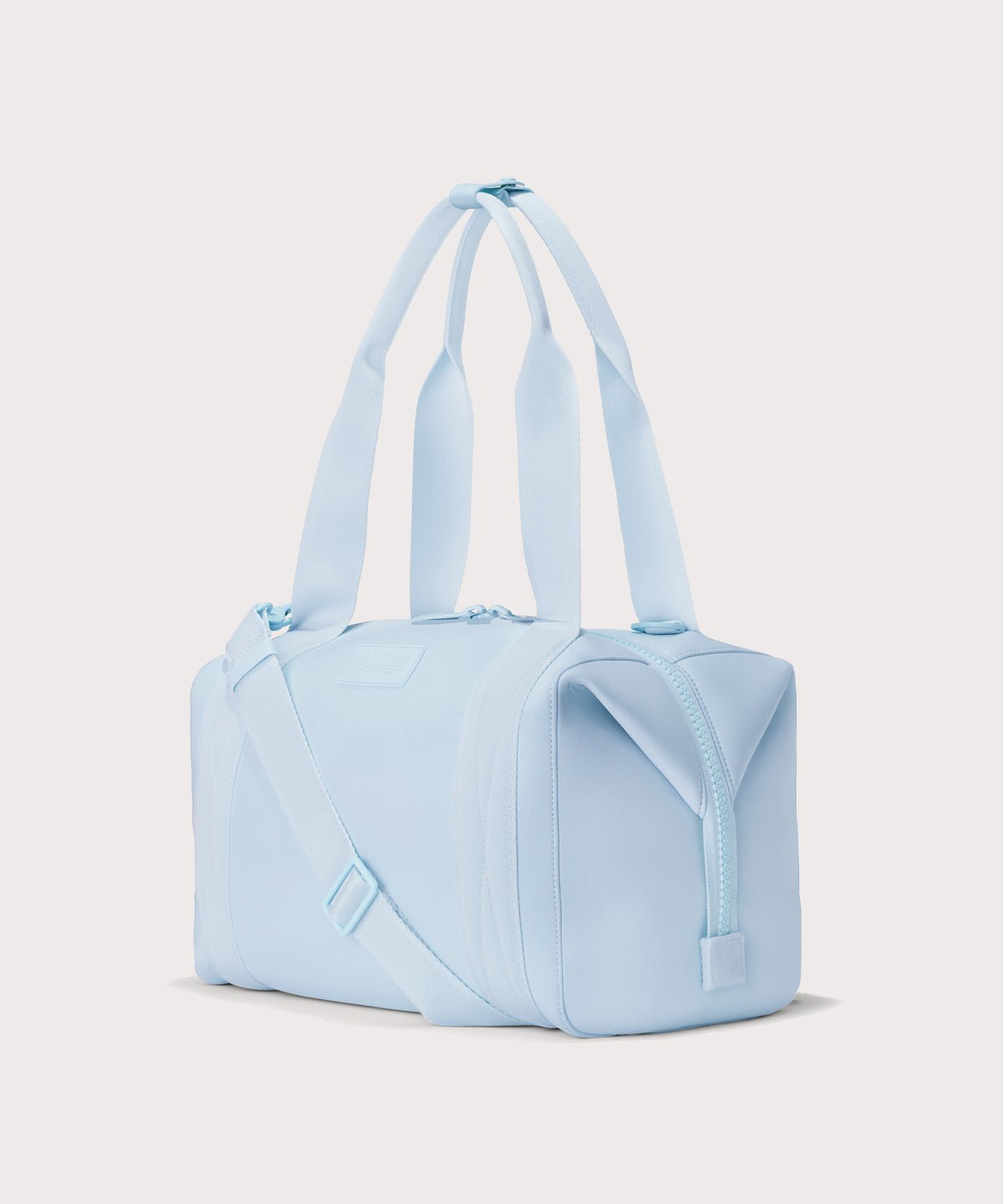 Large Landon Carryall in an airy, lighter sky blue, side view
