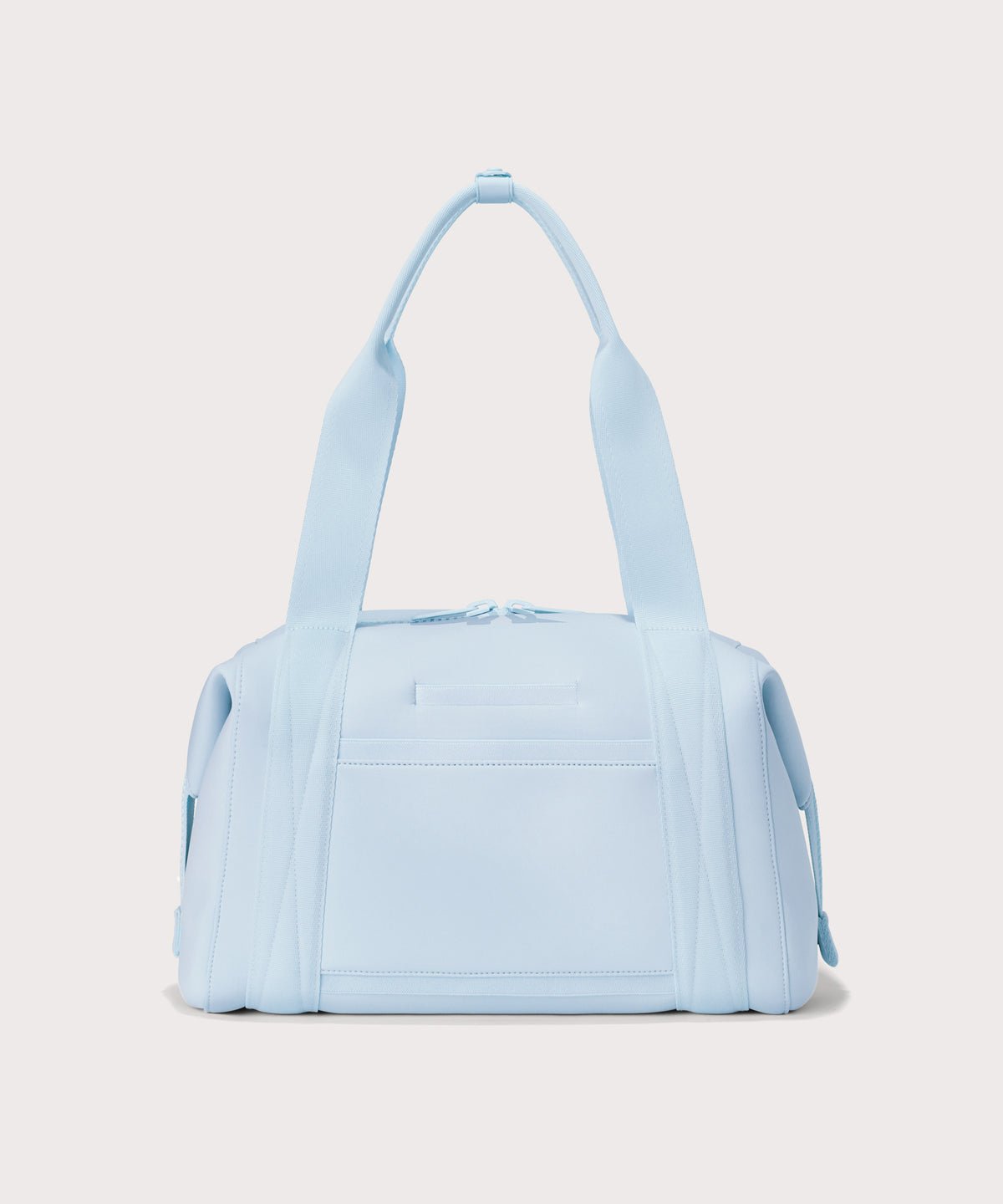 Large Landon Carryall in an airy, lighter sky blue, displaying an exterior phone pocket
