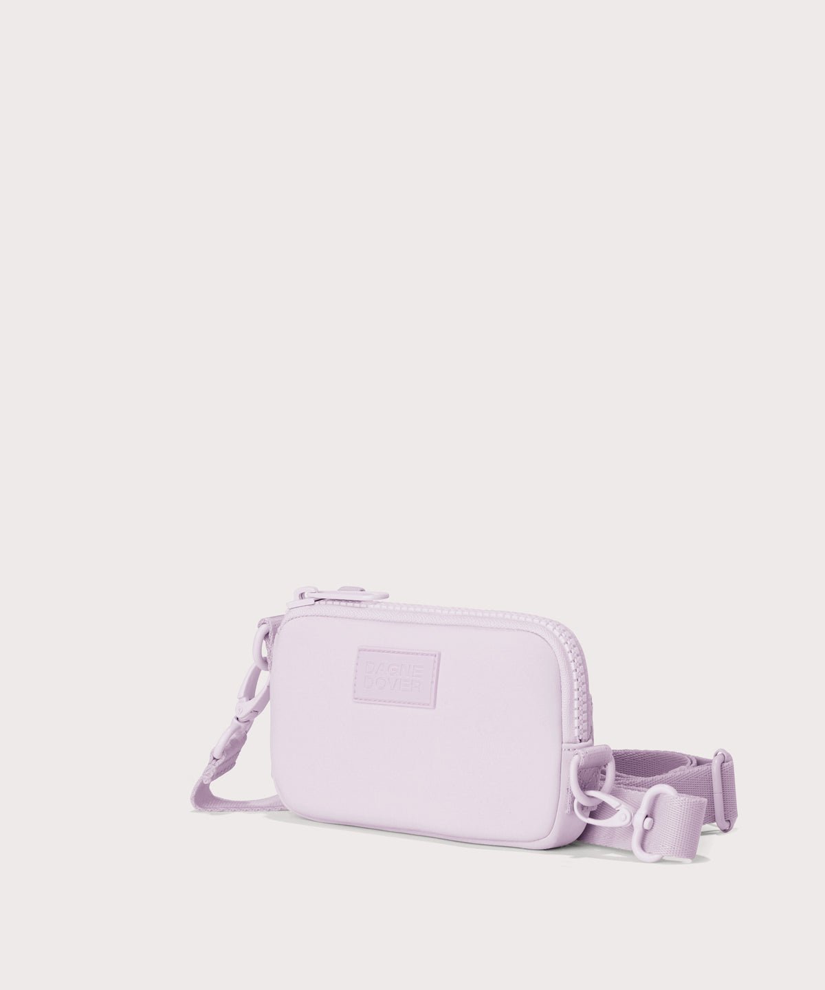 Dagne Dover Mara Phone Sling in a soft purple with grey undertones. seen from an angle, showing the adjustable shoulder strap drop.
