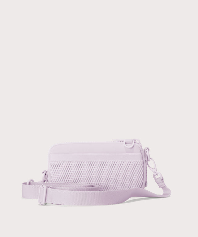 Dagne Dover Mara Phone Sling in a soft purple with grey undertones. showing the exterior air mesh slip.

