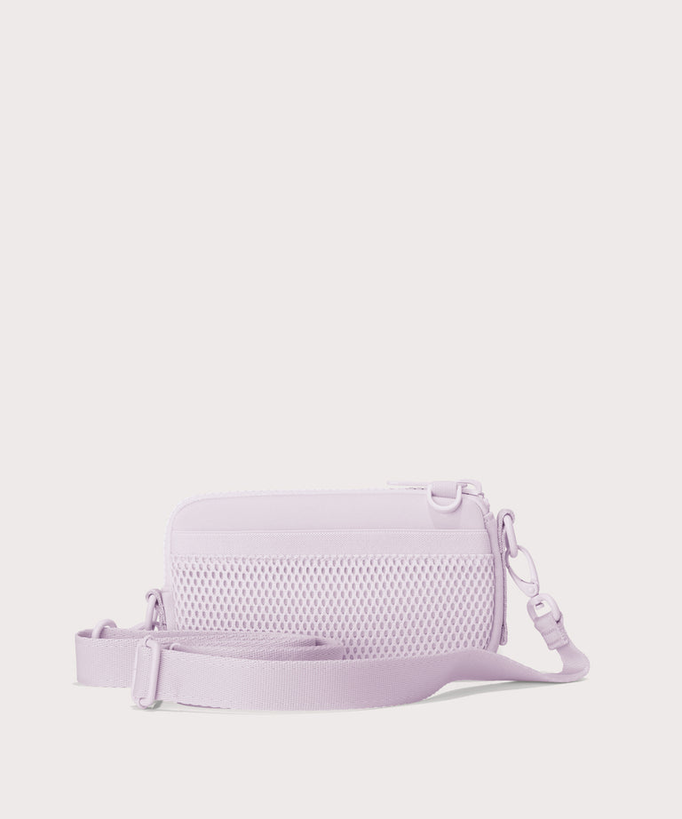 Dagne Dover Mara Phone Sling in a soft purple with grey undertones. showing the exterior air mesh slip.
