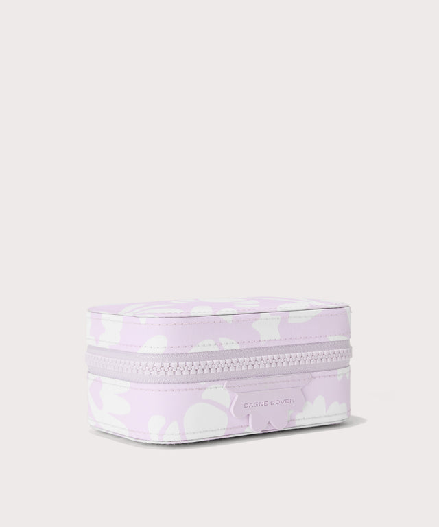 Dagne Dover small Frankie Jewelry Case in a custom washed lilac and cream floral print seen from an angle.
