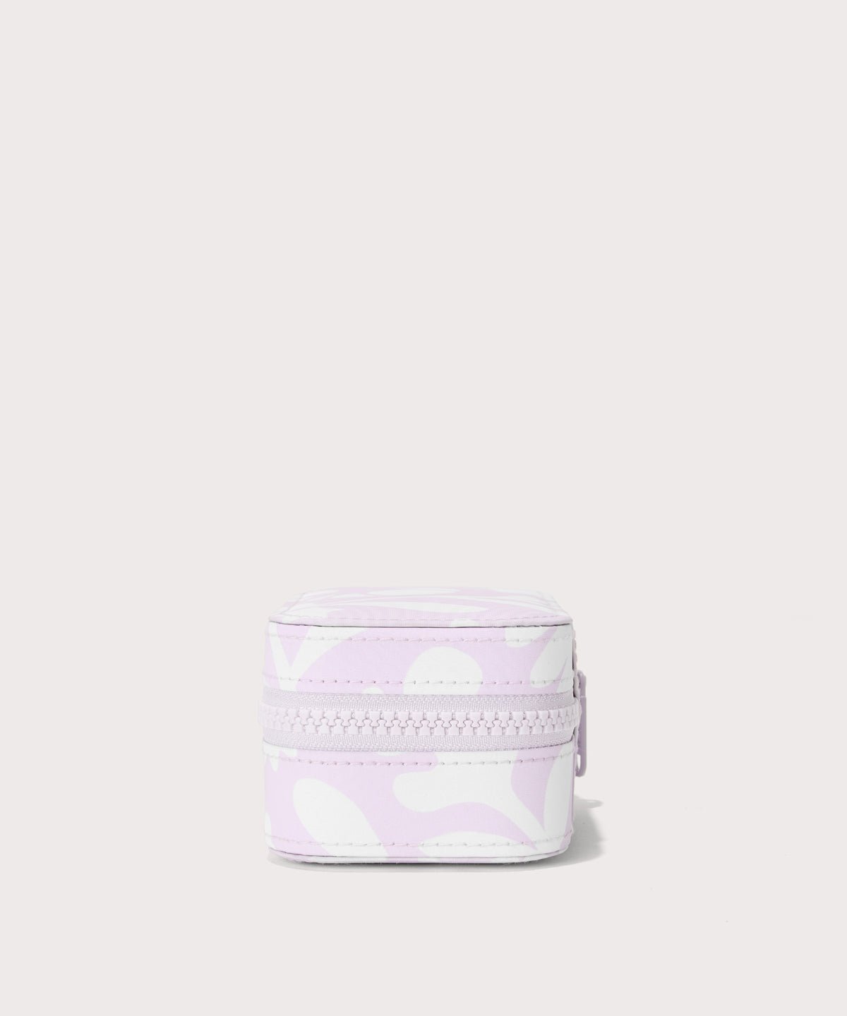 Dagne Dover small Frankie Jewelry Case in a custom washed lilac and cream floral print seen from a side.
