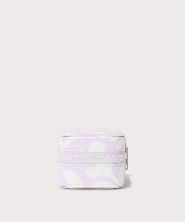 Dagne Dover small Frankie Jewelry Case in a custom washed lilac and cream floral print seen from a side.
