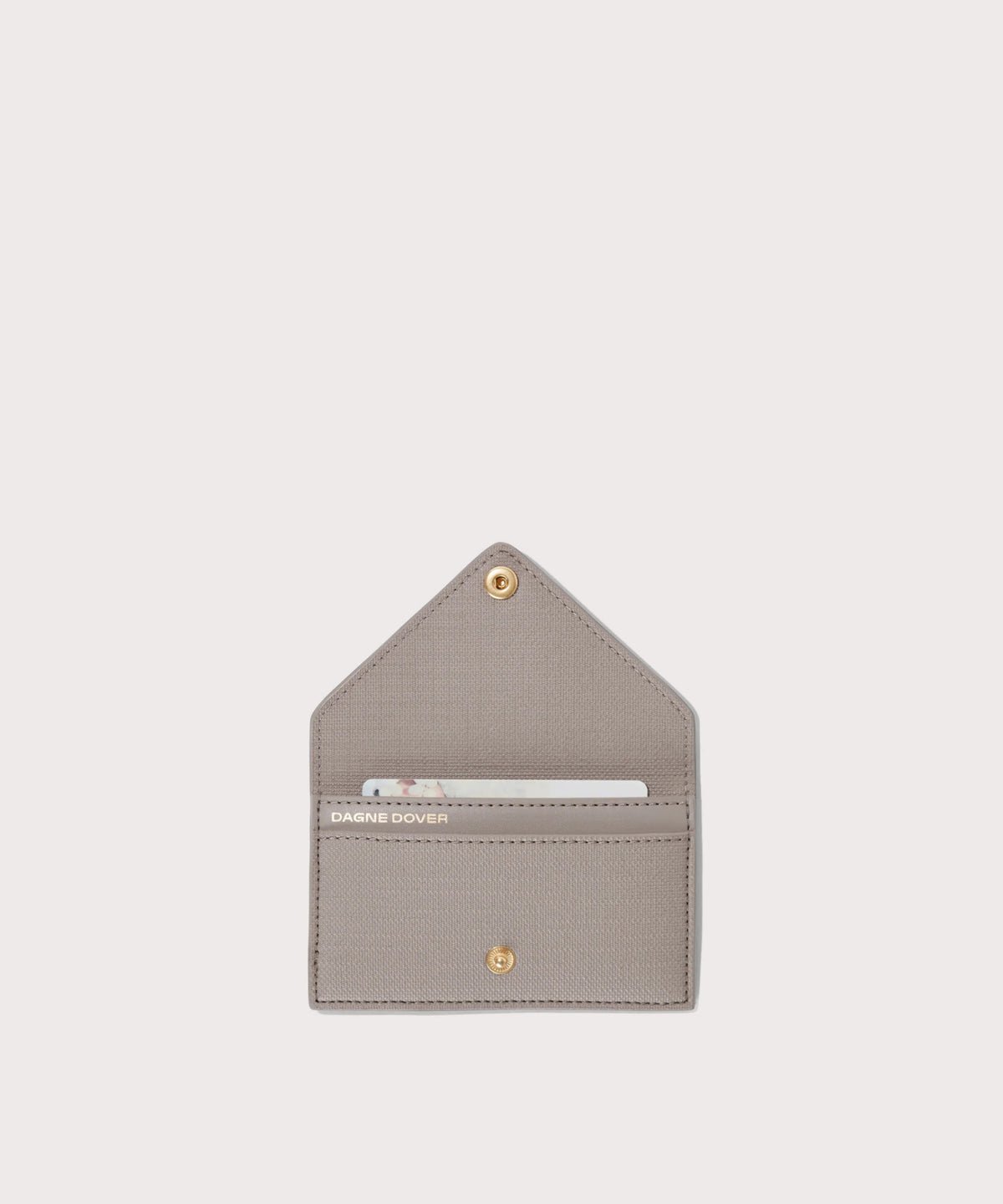 Dagne Dover vegan Card Case in light grey opened revealing the two internal card slots.