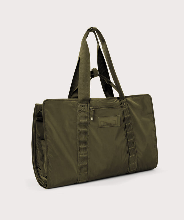 3/4 front view of Capri garment bag in dark moss
