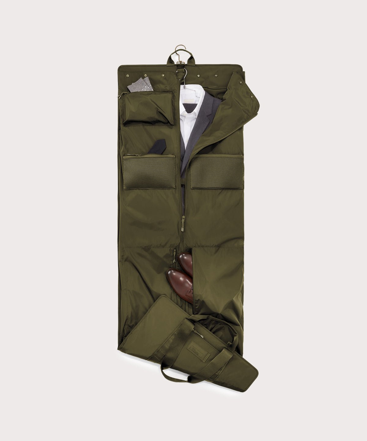 Top down of Capri garment bag in dark moss 
