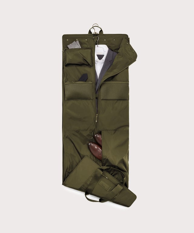 Top down of Capri garment bag in dark moss 
