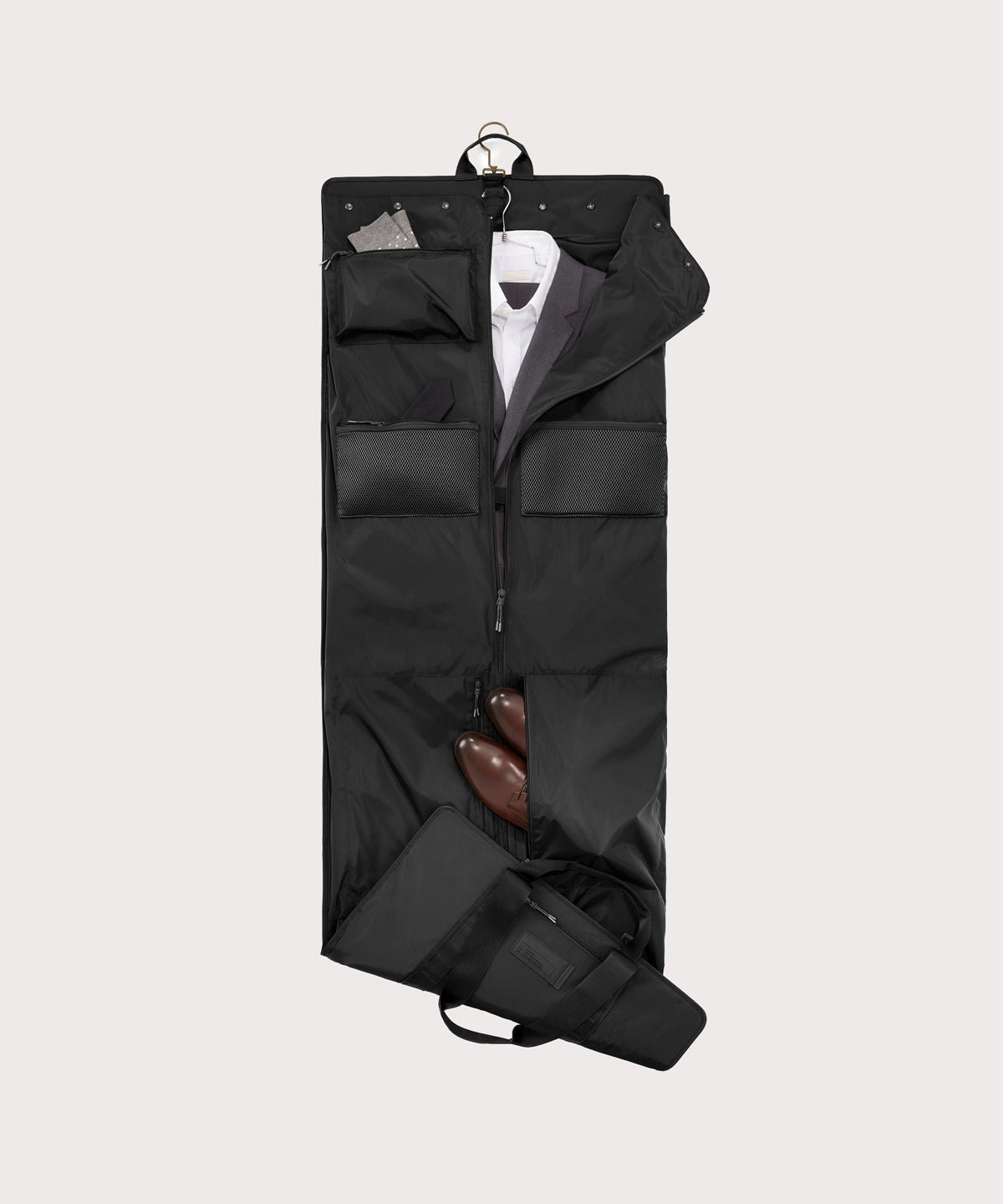 Top down of Capri garment bag in onyx 
