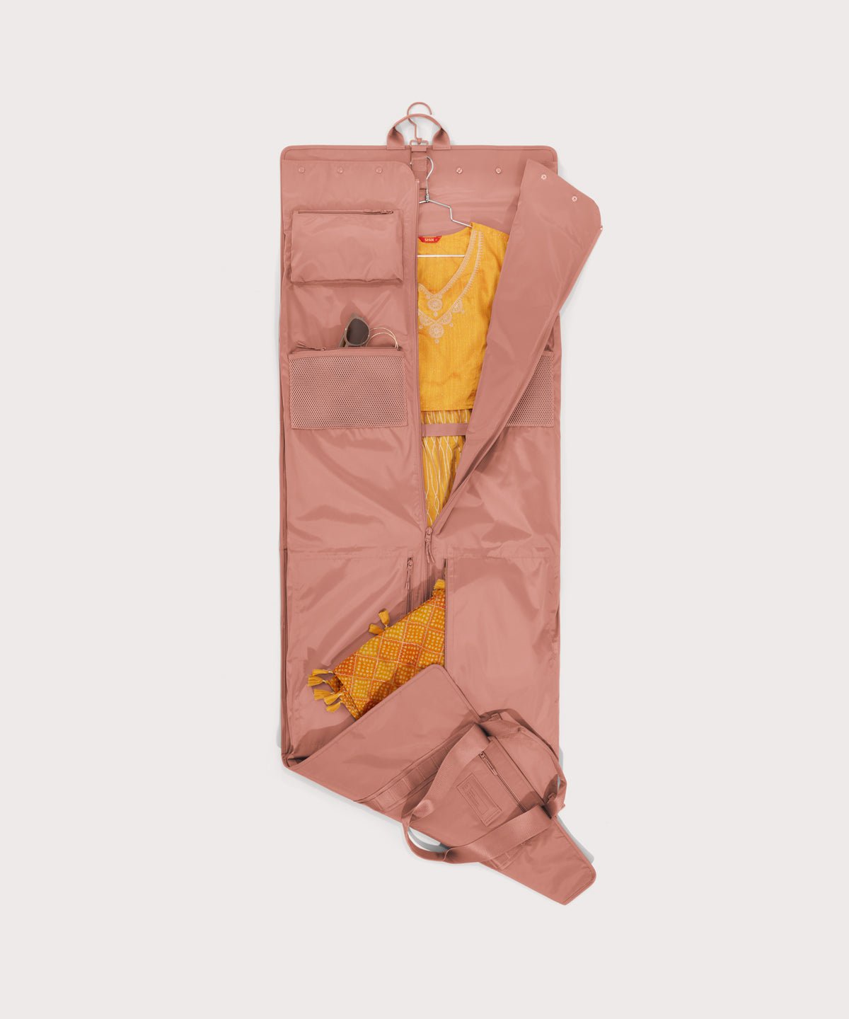 Top down of Capri garment bag in warm dust 
