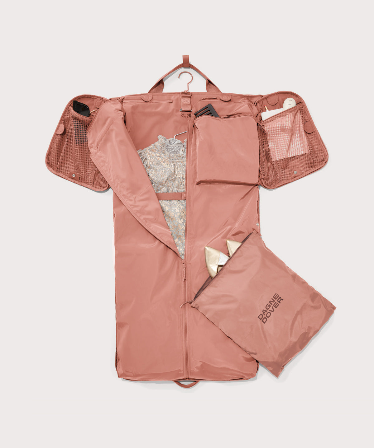 hover Top down Monaco garment duffle unfolded to show garment bag form.
