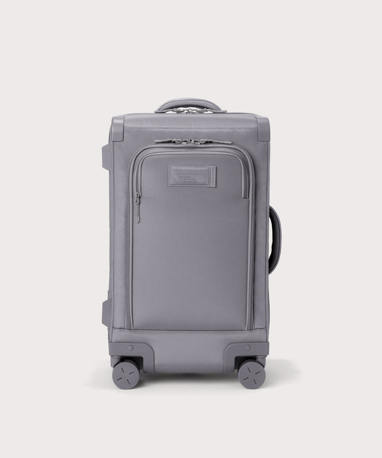 Front view of Seattle carry-on rolling luggage 20.5” in light grey