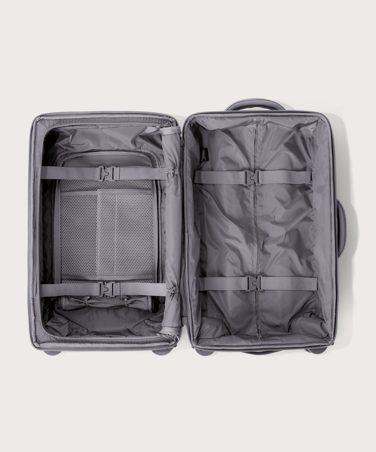 Top down of Seattle carry-on rolling luggage 20.5” in light grey 
