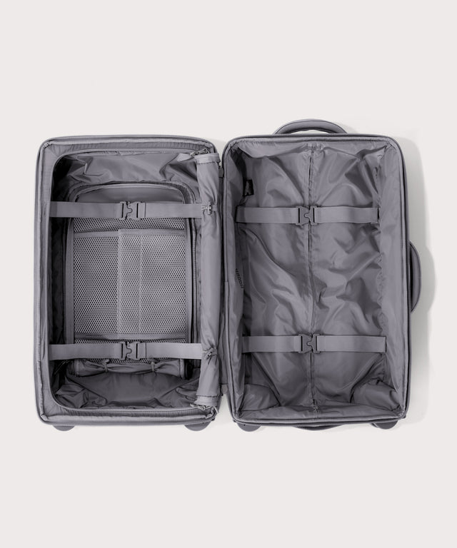 Top down of Seattle carry-on rolling luggage 20.5” in light grey 
