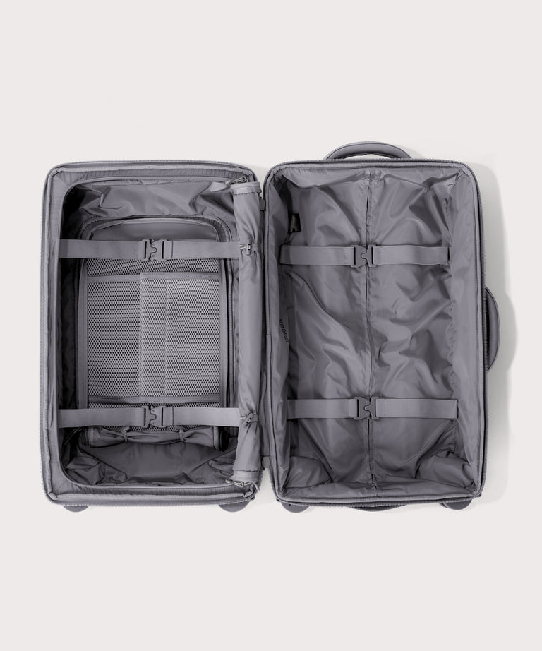 Top down of Seattle carry-on rolling luggage 20.5” in light grey 
