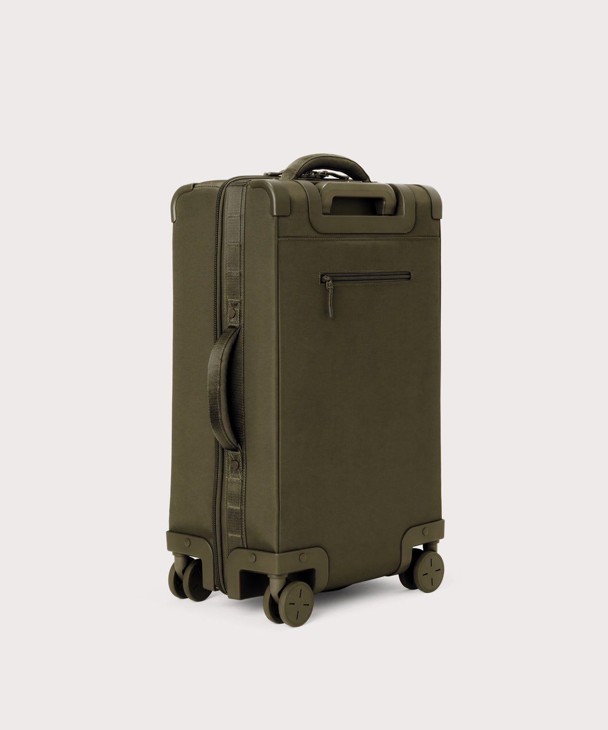 3/4 back view of Seattle carry-on rolling luggage 23.5” in dark moss showing side handle and back zippered phone/passport pocket
