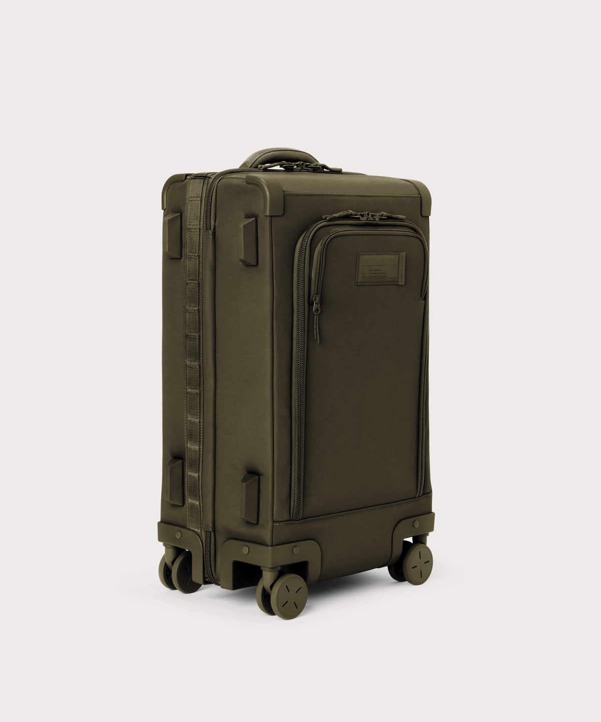 ¾ front view of Seattle carry-on rolling luggage 23.5” in dark moss with front flap opened. Caption: Interior slip pocket fits most 16" laptops
