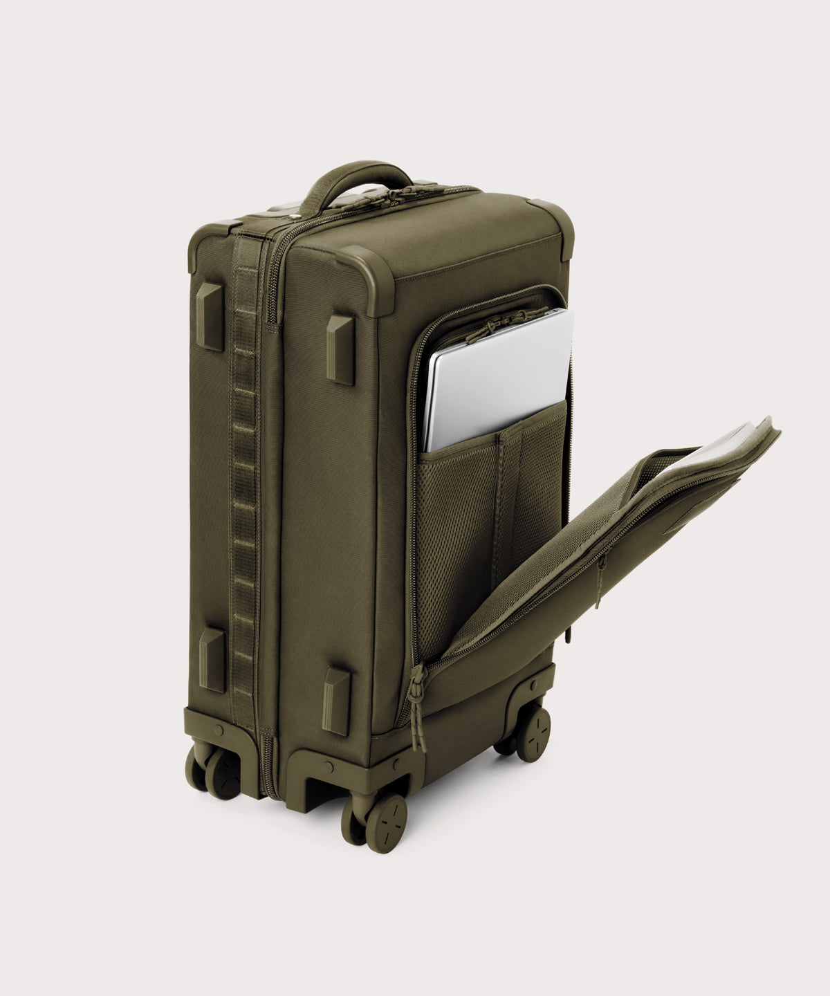 ¾ front view of Seattle carry-on rolling luggage 23.5” in dark moss with front flap opened. Caption: Interior slip pocket fits most 16" laptops
