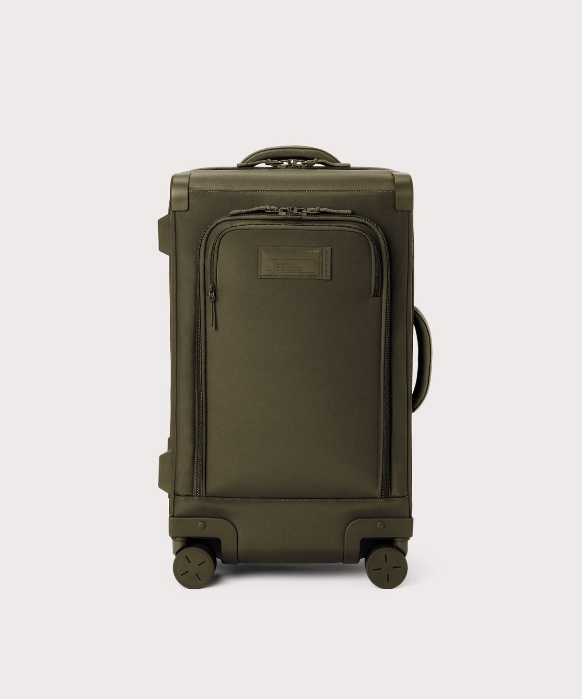 Front view of Seattle carry-on rolling luggage 23.5” in dark moss
