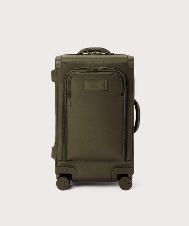 Front view of Seattle carry-on rolling luggage 23.5” in dark moss
