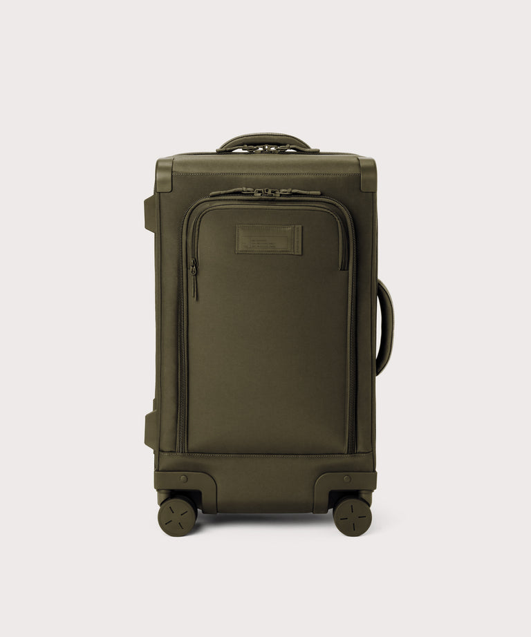Front view of Seattle carry-on rolling luggage 23.5” in dark moss
