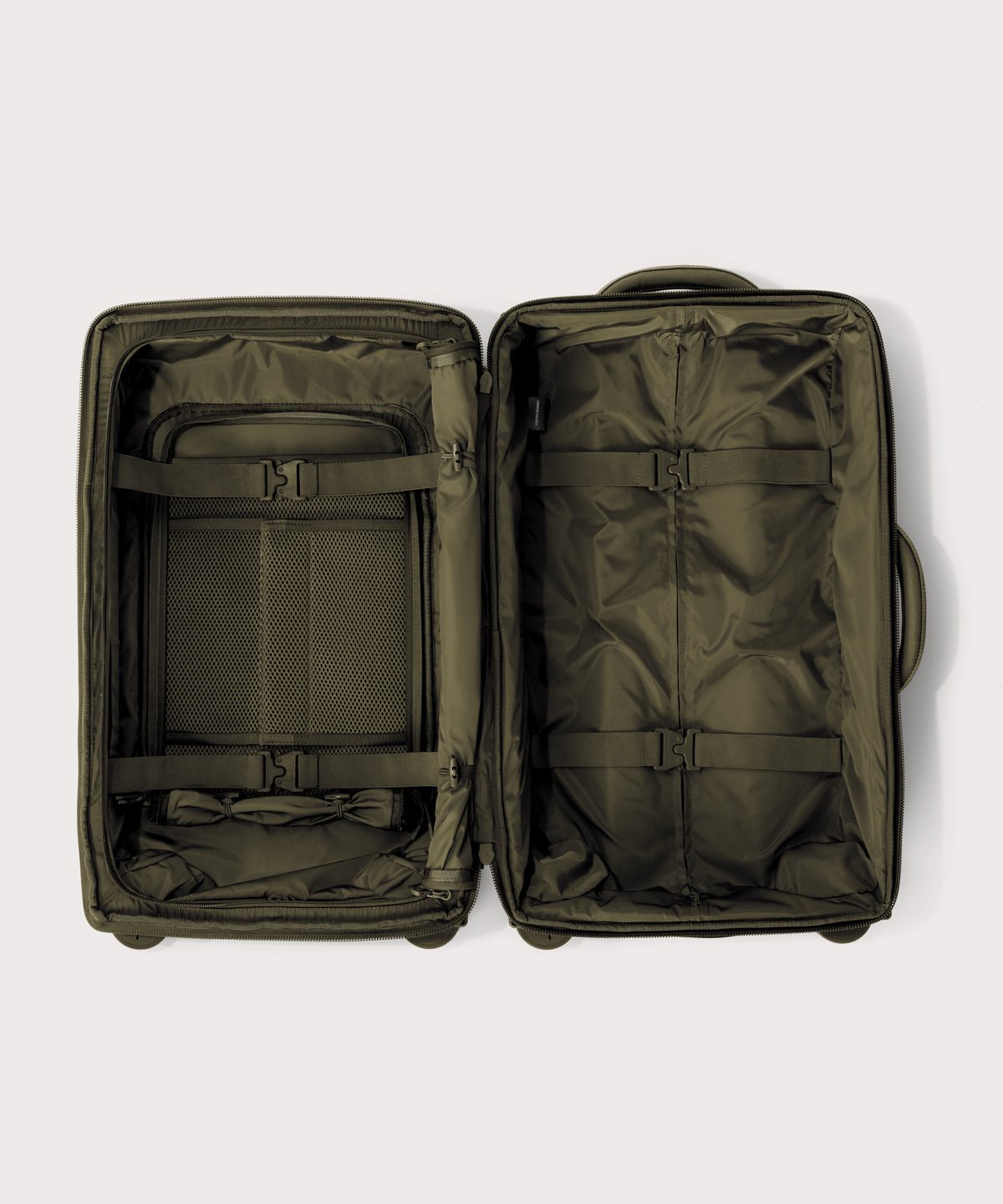 Top down of Seattle carry-on rolling luggage 23.5” in dark moss 
