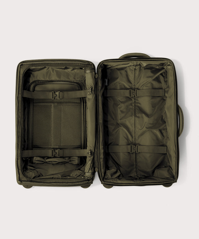 Top down of Seattle carry-on rolling luggage 23.5” in dark moss 
